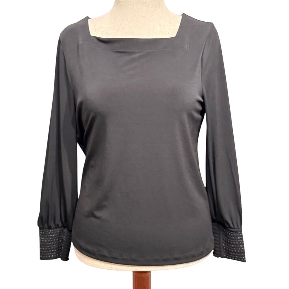 Chico's top black knit long sleeve square neck with beaded cuffs Sz 1 US Med